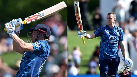 Harry Brook celebrates his century