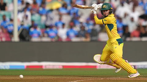 Australia's Phoebe Litchfield plays a shot during an ICC Women's World Cup semifinal