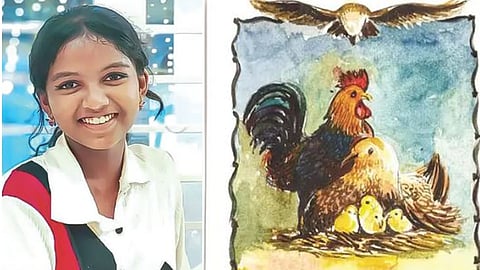 A mother hen and a rooster with their chicks under their wings; a caring image of Vaiga on the Children's Day stamp