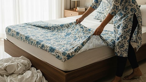 woman changing bedsheet