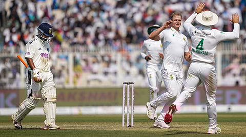 South Africa's Corbin Bosch with teammate celebrates the wicket of India's Rishabh Pant