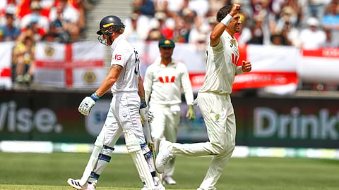 Australia's Mitchell Starc celebrates the wicket of England's captain Ben Stokes