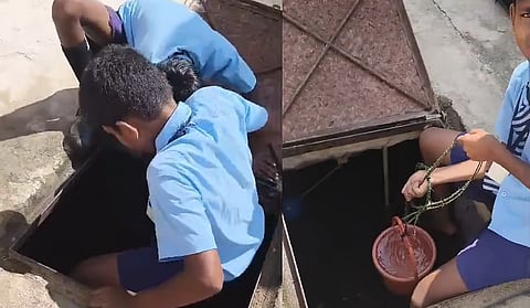 A video grab of students drawing water from a sump in Bilagerehundi village