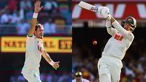 Australia's Mitchell Starc plays a shot during the second Ashes cricket test match