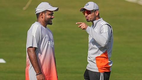 India's Sanju Samson, left, with Jitesh Sharma during a practice session