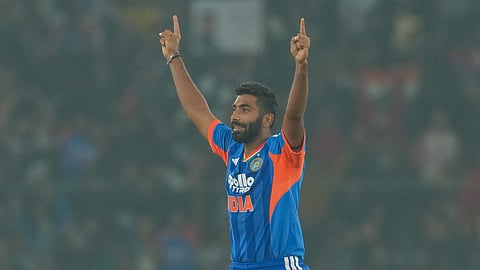 India's Jasprit Bumrah celebrates after taking the wicket of South Africa's Keshav Maharaj during the first T20I cricket match between India and South Africa