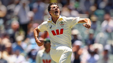 Pat Cummins celebrates his wicket
