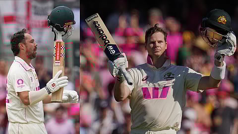 Australia's Travis Head Steve Smith celebrates century
