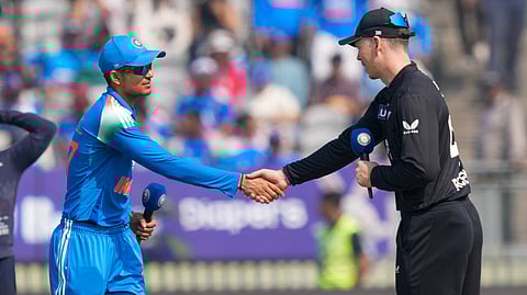 India's captain Shubman Gill, left, and New Zealand's captain Michael Bracewell during the toss