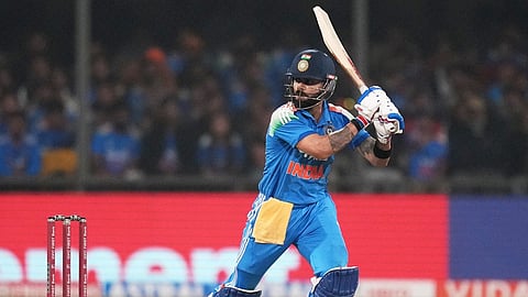 India's Virat Kohli plays a shot during the third One Day International cricket match between India and New Zealand