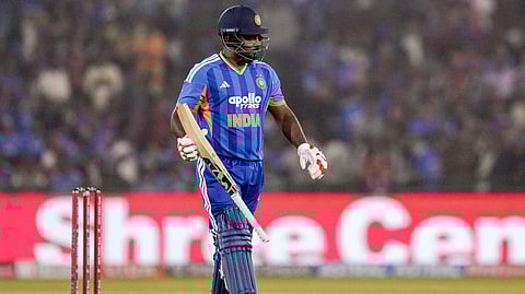 India's Sanju Samson walks off the field after his dismissal