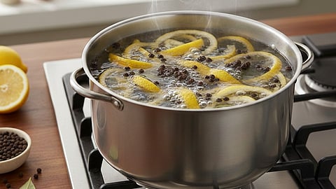 Boiling lemon peel and black pepper