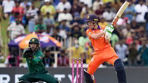 Netherlands' Bas de Leede plays a shot during the T20 World Cup cricket match