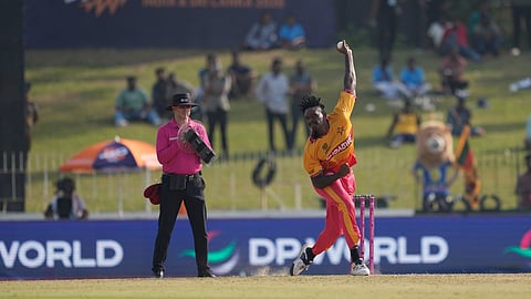 Zimbabwe's Richard Ngarava bowls a deliver