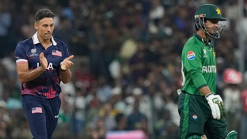 United States' Shadley Van Schalkwyk, left, celebrates the wicket of Pakistan's Saim Ayub