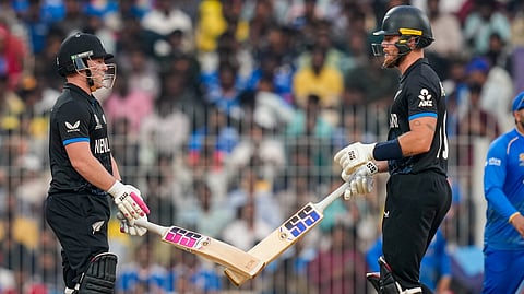 New Zealand's Tim Seifert, right, and Finn Allen interact during the ICC Men's T20 World Cup 2026 cricket match