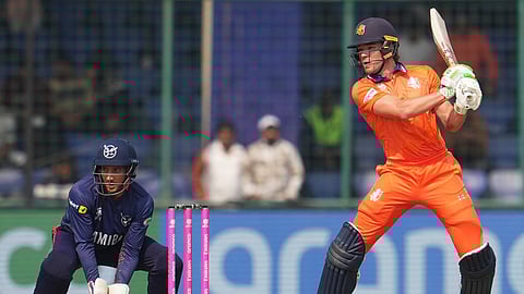 Netherlands' Bas de Leede plays a shot during the T20 World Cup cricket match