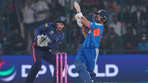 India's Ishan Kishan plays a shot during the T20 World Cup cricket match