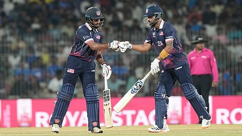 United States' Saiteja Mukkamala, left, and United States' Shubham Ranjane celebrates after scoring runs during the T20 World Cup cricket match