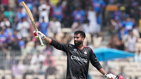 Canada's Yuvraj Samra celebrates his century during the T20 World Cup cricket match