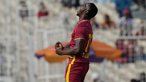 West Indies' Shamar Joseph celebrates the wicket of Italy's Ali Hasan during the T20 World Cup cricket match
