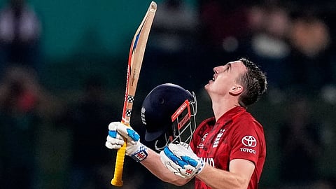 England's captain Harry Brook celebrates his century during the T20 World Cup cricket match