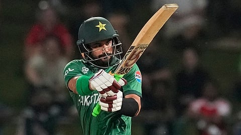 Pakistan's Sahibzada Farhan plays a shot during the T20 World Cup cricket match