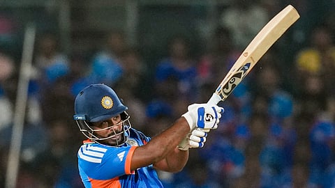 India's Sanju Samson plays a shot during an ICC Men's T20 World Cup 2026 cricket match