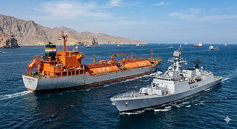 Indian Navy providing security escort for LPG carrier Shivalik, Strategic navigation through the Strait of Hormuz,