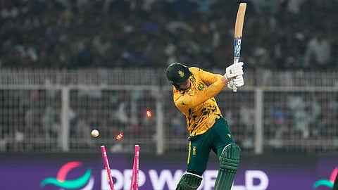 South Africa's Corbin Bosch is bowled out by New Zealand's Matt Henry during the first T20 World Cup cricket semifinal match between New Zealand and South Africa