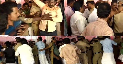 സ്കൂള് ചടങ്ങില് സിപിഎം- കോണ്ഗ്രസ് കൂട്ടത്തല്ല്; അന്തം വിട്ട് മന്ത്രിയും കുട്ടികളും