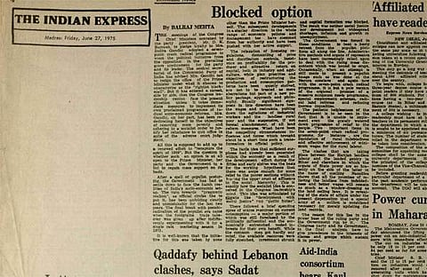 അടിയന്തരാവസ്ഥ പ്രഖ്യാപനത്തില് പ്രതിഷേധിച്ചു മുഖപ്രസംഗത്തിനുള്ള സ്ഥലം ഒഴിച്ചിട്ടു പ്രസിദ്ധീകരിച്ച ഇന്ത്യന് എക്സ്പ്രസ് ദിനപത്രം.