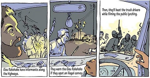 ഗോ രക്ഷകരുടെ അഴിഞ്ഞാട്ടത്തേയും, ഹിന്ദുത്വ ഭീഷണിയേയും പരിഹസിച്ച് ഫ്രഞ്ച് പുസ്തകത്തില് കാര്ട്ടൂണ്