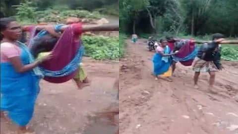 കനത്തമഴയില് ഗ്രാമം ഒറ്റപ്പെട്ടു, ഗര്ഭിണിയെ തോളിലേറ്റി ആശുപത്രിയില് എത്തിച്ച് ബന്ധുക്കള്; കാല്നടയായി സഞ്ചരിച്ചത് ആറുകിലോമീറ്റര് (വീഡിയോ)