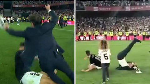 ഇങ്ങനെയുമുണ്ടോ ആഘോഷം; കിരീട നേട്ടത്തിലെ സന്തോഷം അടക്കാന് കഴിഞ്ഞില്ല; പരിശീലകനെ ഇരു കാലും വച്ച് വീഴ്ത്തി വലന്സിയ താരം (വീഡിയോ)