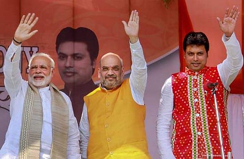 മോദി, അമിത് ഷാ, ബിപ്ലബ് കുമാര് (ഫയല്)