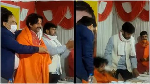 വേദിയില് കസേരയില് ഇരിക്കുന്നതിനിടെ തലയടിച്ച് വീണ് ബിജെപി നേതാവ്; വീഡിയോ വൈറല്