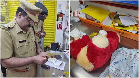 പെട്ടി കണ്ട് സംശയം; പൊലീസിനെ അറിയിച്ചു; പിറന്നാള് സമ്മാനമായി അയച്ച പാവക്കുട്ടിക്കുള്ളില് 30പൊതി കഞ്ചാവ്