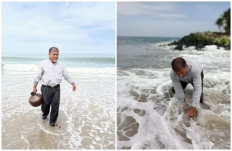 ഒരുകുടം കൊണ്ട് കടല് വറ്റിക്കാന് ശ്രമിക്കുന്ന മനുഷ്യന്; ചെല്ലാനത്ത് നിന്നൊരു വ്യത്യസ്ത സമരം