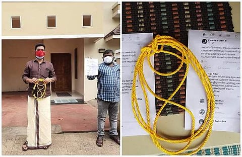 കിറ്റിന്റെ കൂടെ ഒരുമുഴം കയര് കൂടി വേണമെന്ന് കോണ്ഗ്രസ് നേതാവ്; വീട്ടില് കയറുമായി എത്തി ഡിവൈഎഫ്ഐ പ്രവര്ത്തകര്