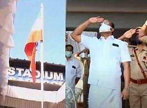 ദേശീയ പതാക തലകീഴായി ഉയർത്തി, മന്ത്രി സല്യൂട്ട് സ്വീകരിക്കുന്നു/ ടെലിവിഷൻ ദൃശ്യം