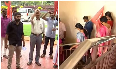 ജീവനക്കാര് പ്രതിഷേധിക്കുന്നതിന്റെ ടെലിവിഷന് ദൃശ്യം