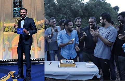 അവാർഡുമായി ബേസിൽ ജോസഫ്, സിനിമ ലൊക്കേഷനിൽ കേക്ക് മുറിച്ച് ആഘോഷിക്കുന്ന ബേസിലും ടൊവിനോയും/ ഇൻസ്റ്റഗ്രാം