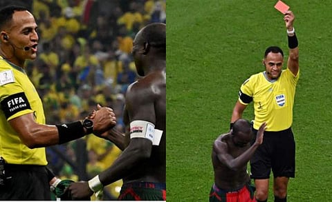 അബൂബക്കറിനെതിരെ റെഡ് കാര്ഡ് ഉയര്ത്തി റഫറി/ഫോട്ടോ: എഎഫ്പി