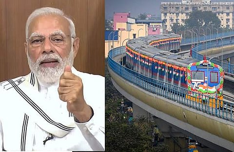 ബംഗാളിലെ വികസന പദ്ധതികള് ഉദ്ഘാടനം ചെയ്ത് പ്രധാനമന്ത്രി നരേന്ദ്ര മോദി സംസാരിക്കുന്നു, കൊല്ക്കത്ത മെട്രോ/പിടിഐ