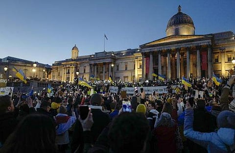 റഷ്യന് അധിനിവേശത്തിനെതിരെ ബ്രിട്ടനിലെ യുക്രൈന് വംശജര് ലണ്ടനില് നടത്തിയ പ്രകടനം/എപി