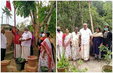 രാജ്കുമാറിന്റെ വീട്ടിലെ കൊടിമരത്തില് കാനം രാജേന്ദ്രന് പതാക ഉയര്ത്തുന്നു/ഫെയ്സ്ബുക്ക്