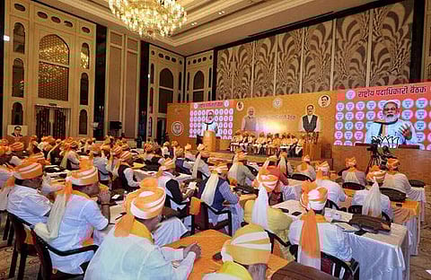 ജയ്പുരില് നടക്കുന്ന ബിജെപി ഭാരവാഹി യോഗത്തെ പ്രധാനമന്ത്രി നരേന്ദ്ര മോദി അഭിസംബോധന ചെയ്യുന്നു/പിടിഐ