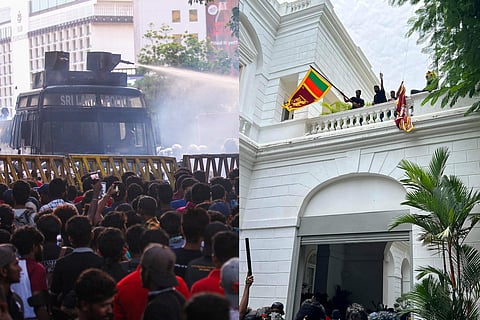 ശ്രീലങ്കയില് സമരക്കാരും പൊലീസും ഏറ്റുമുട്ടിയപ്പോള്/എഎഫ്പി, പ്രസിഡന്റിന്റെ വസതിയില് പ്രക്ഷോഭകര് കൊടി വീശുന്നു/ട്വിറ്റര്