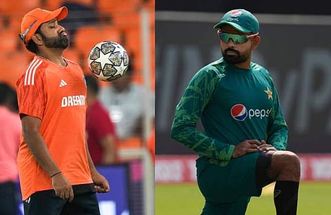 ഇന്ത്യൻ ക്യാപ്റ്റൻ രോഹിത് ശർമ, പാക് നായകൻ ബാബർ അസം പരിശീലനത്തിനിടെ/ പിടിഐ
